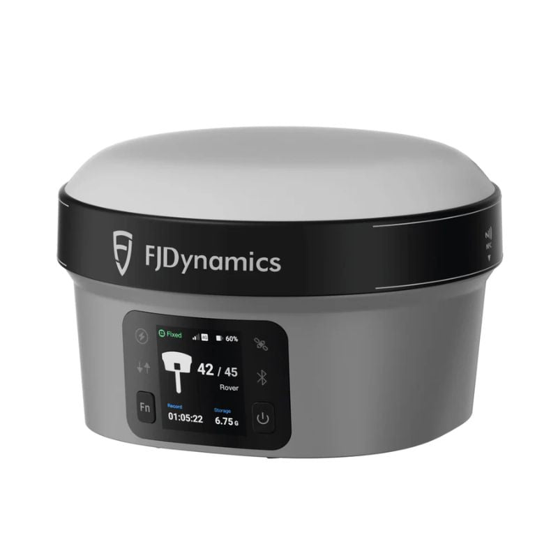 FJ Dynamics Trion V10i RTK GNSS receiver, front view showing the status display and satellite count