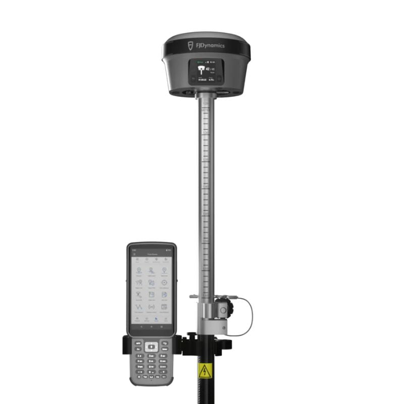 FJ Dynamics Trion V10i RTK GNSS receiver mounted on a survey pole with its field controller on a bracket