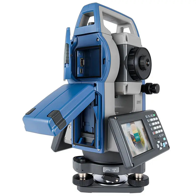 Sokkia FX Advanced total station with the display panel folded out, showing the keypad an operator works from