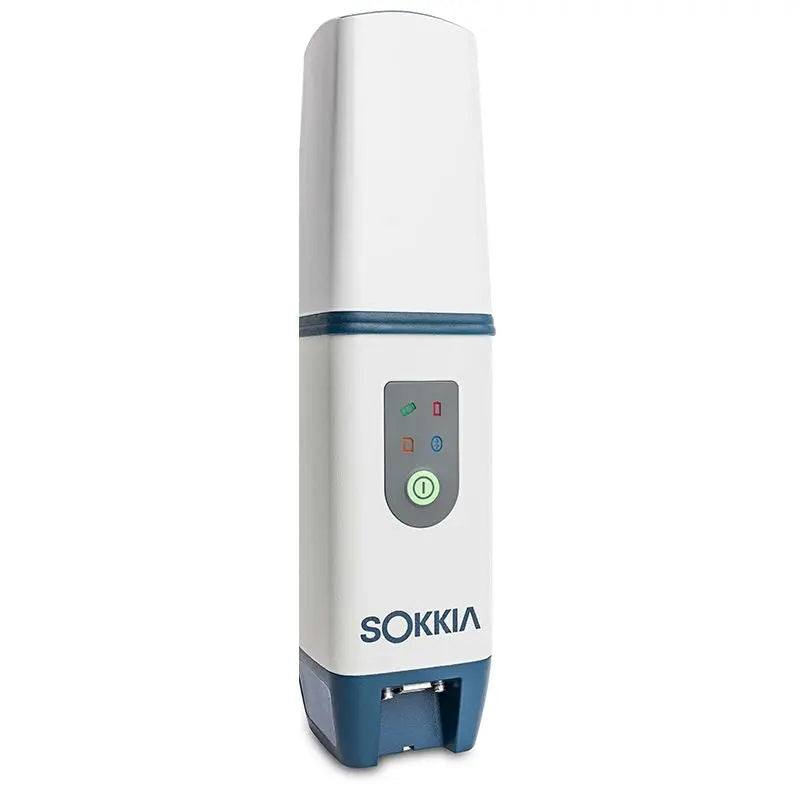 Sokkia GCX3 GNSS receiver standing upright, showing the status lights and the power button