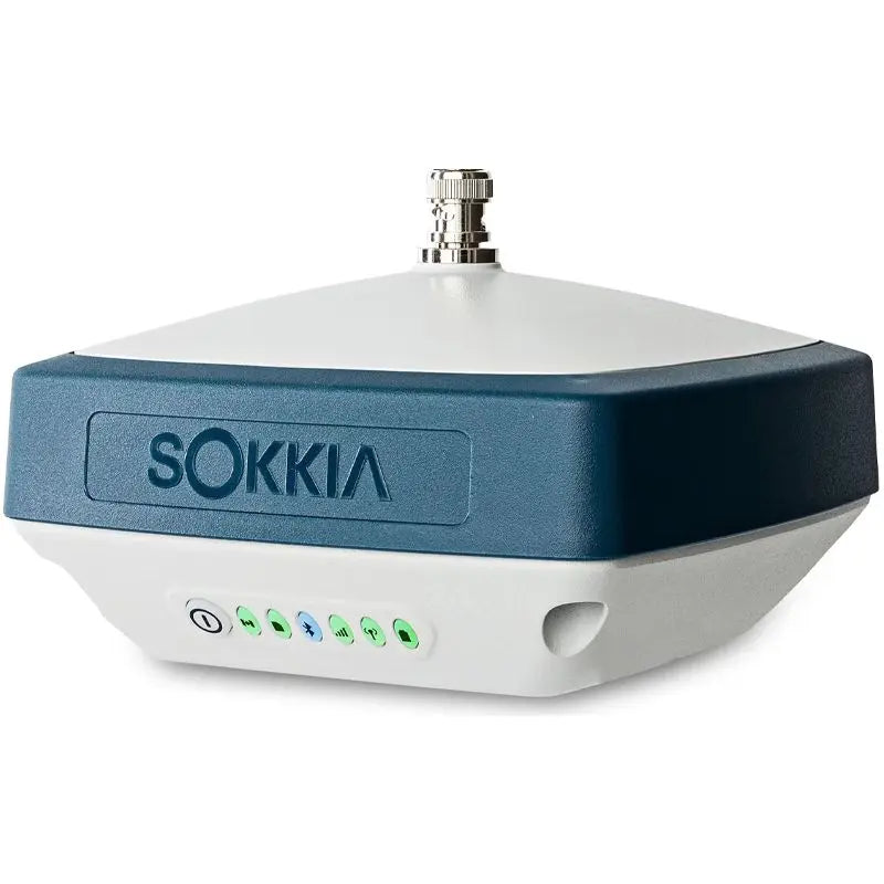 Sokkia GRX3 GNSS receiver close up, showing the status lights and the antenna connector