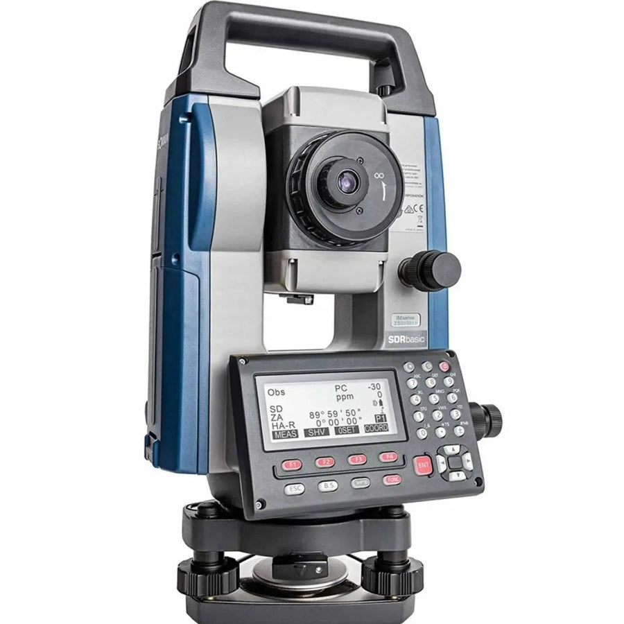 Sokkia IM-100 Series total station angled on its tribrach with the display facing the operator