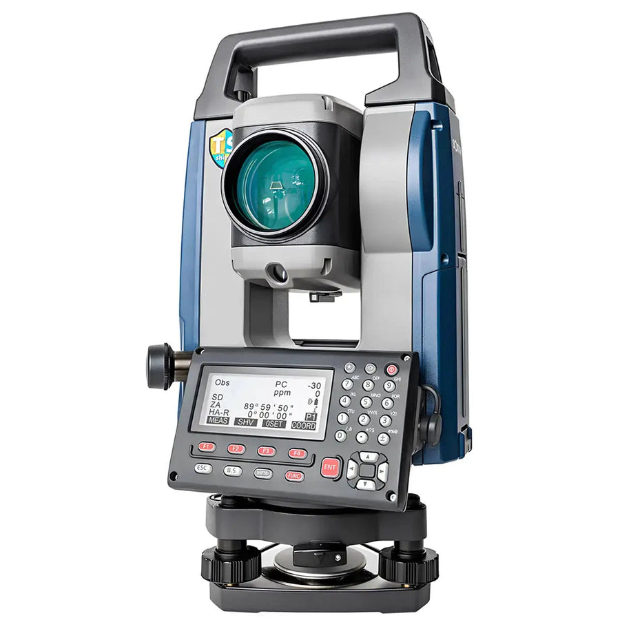 Sokkia IM-100 Series reflectorless total station on its tribrach, objective lens and keypad facing forward
