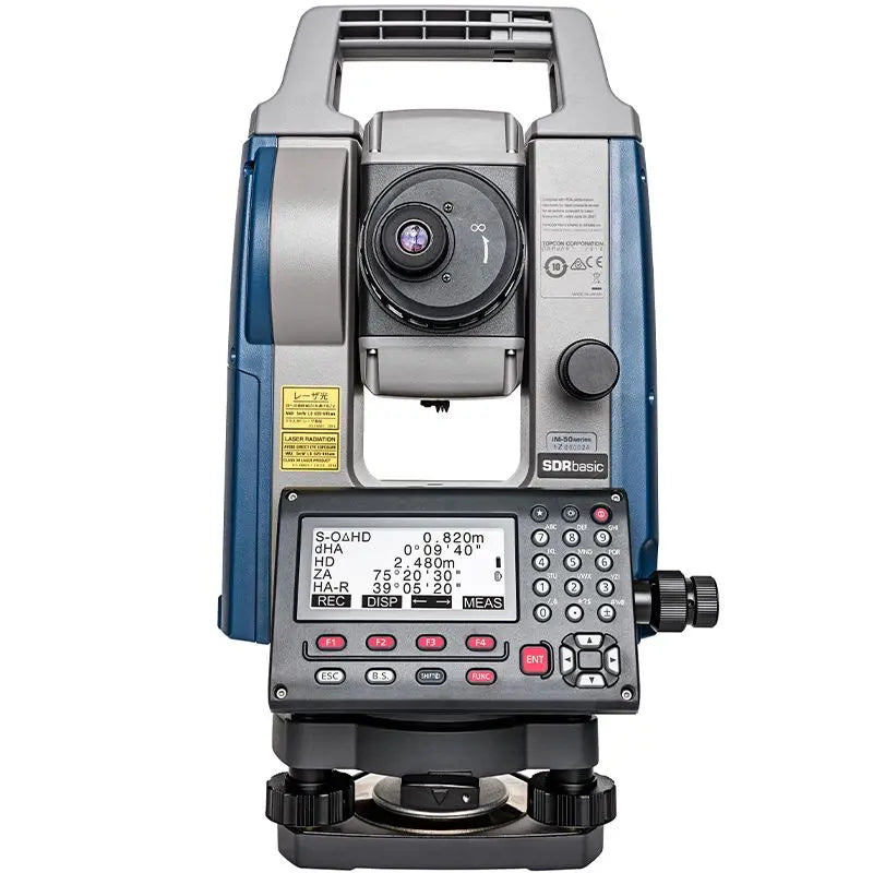 Sokkia IM-50 Series reflectorless total station set up on its tribrach with the display lit