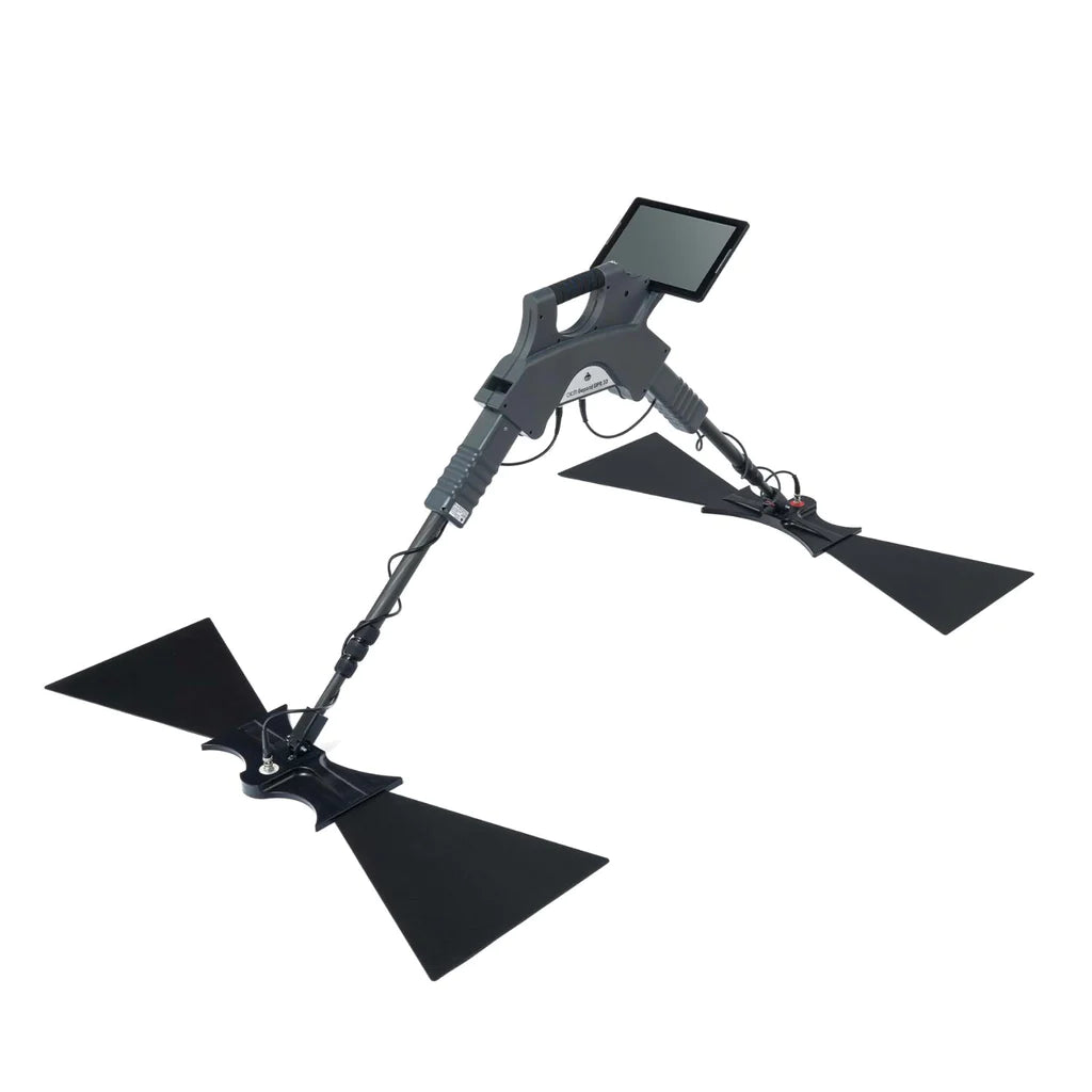 OKM Gepard GPR 3D, the twin bowtie antenna array on its folding frame with the display at the handle