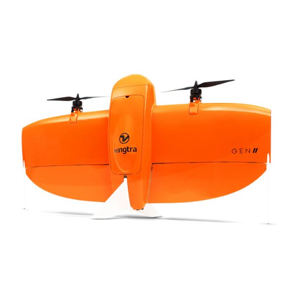 Wingtra One Gen II VTOL mapping drone on the ground, front view with the rotors level for a vertical take off