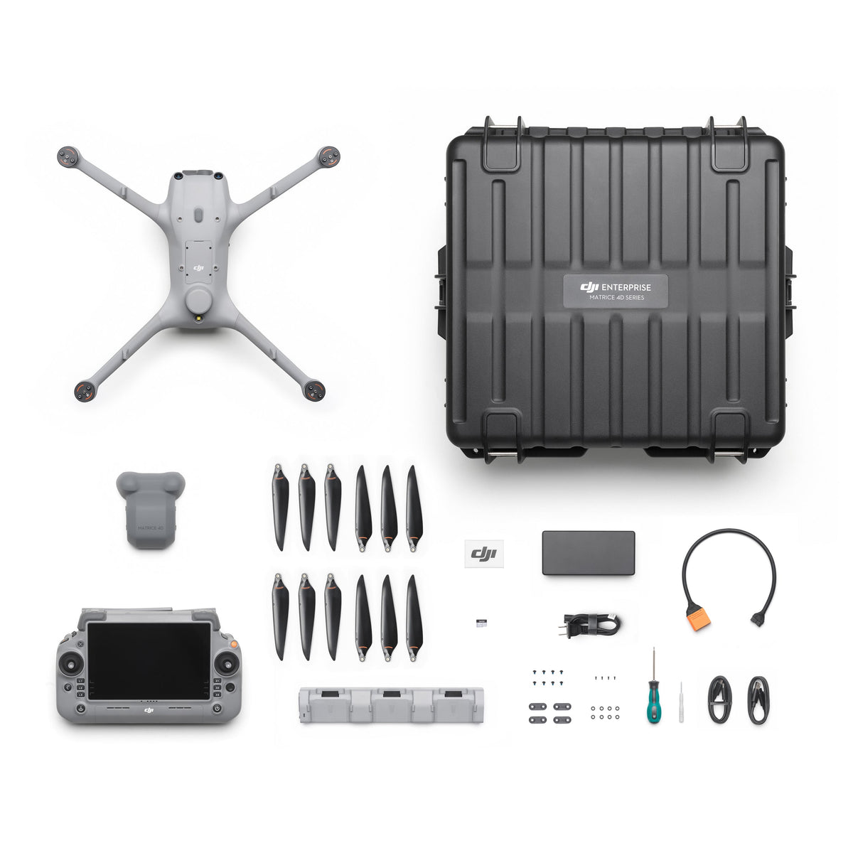 DJI Matrice 4D standalone combo laid out from above, the case marked Matrice 4D Series and the gimbal carrying its wide and telephoto lens pair