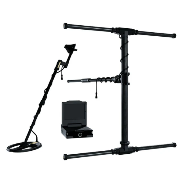 OKM eXp 7000 Professional Plus, the ground scan probe on its telescopic shaft, the control unit and the tripod mounted 3D scanning frame