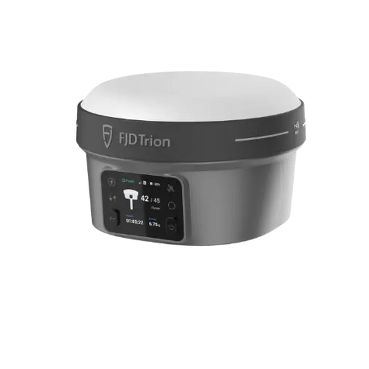 FJD Trion V10i GNSS receiver, three quarter view showing the status display and connector ports