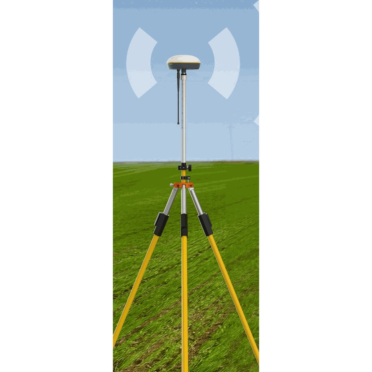 FJD Trion V1 GNSS base station mounted on a tripod in an open field